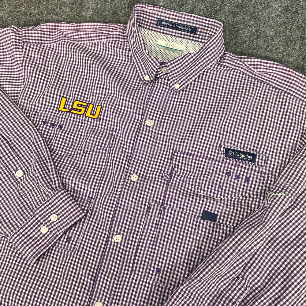 LSU Tigers Columbia PFG Super Bonehead Purple White Gingham Checked Shirt Size M